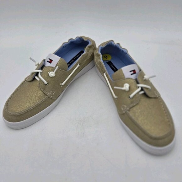 Tommy Hilfiger Womens Slip-On Gold Shimmer Preppy Boat Shoes 9 Logo Loafers New - Picture 1 of 9